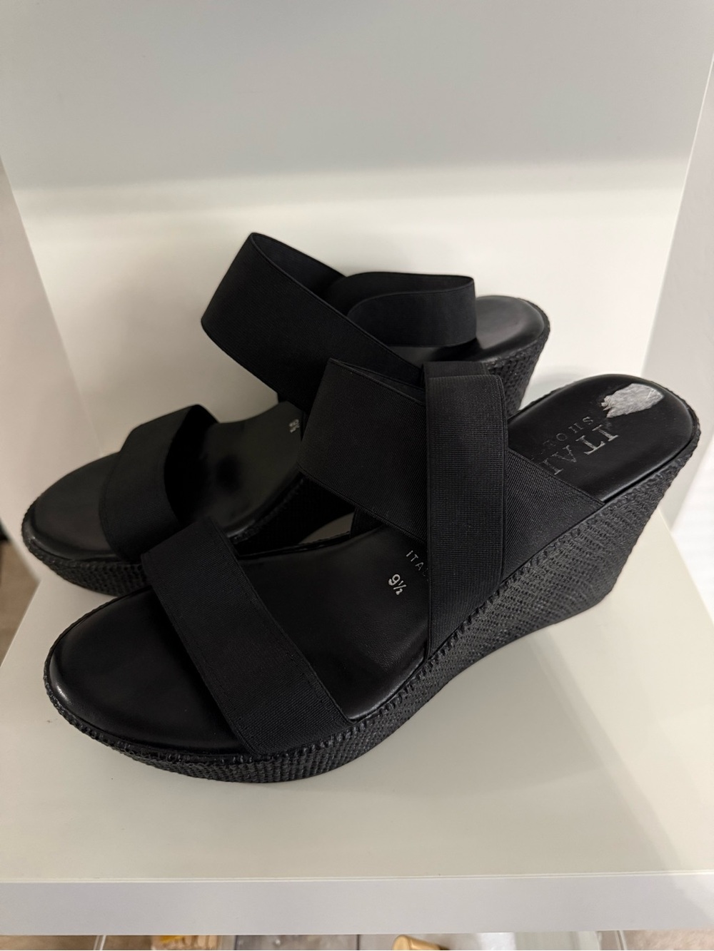 Women's Black Wedge Sandals - Made in Italy